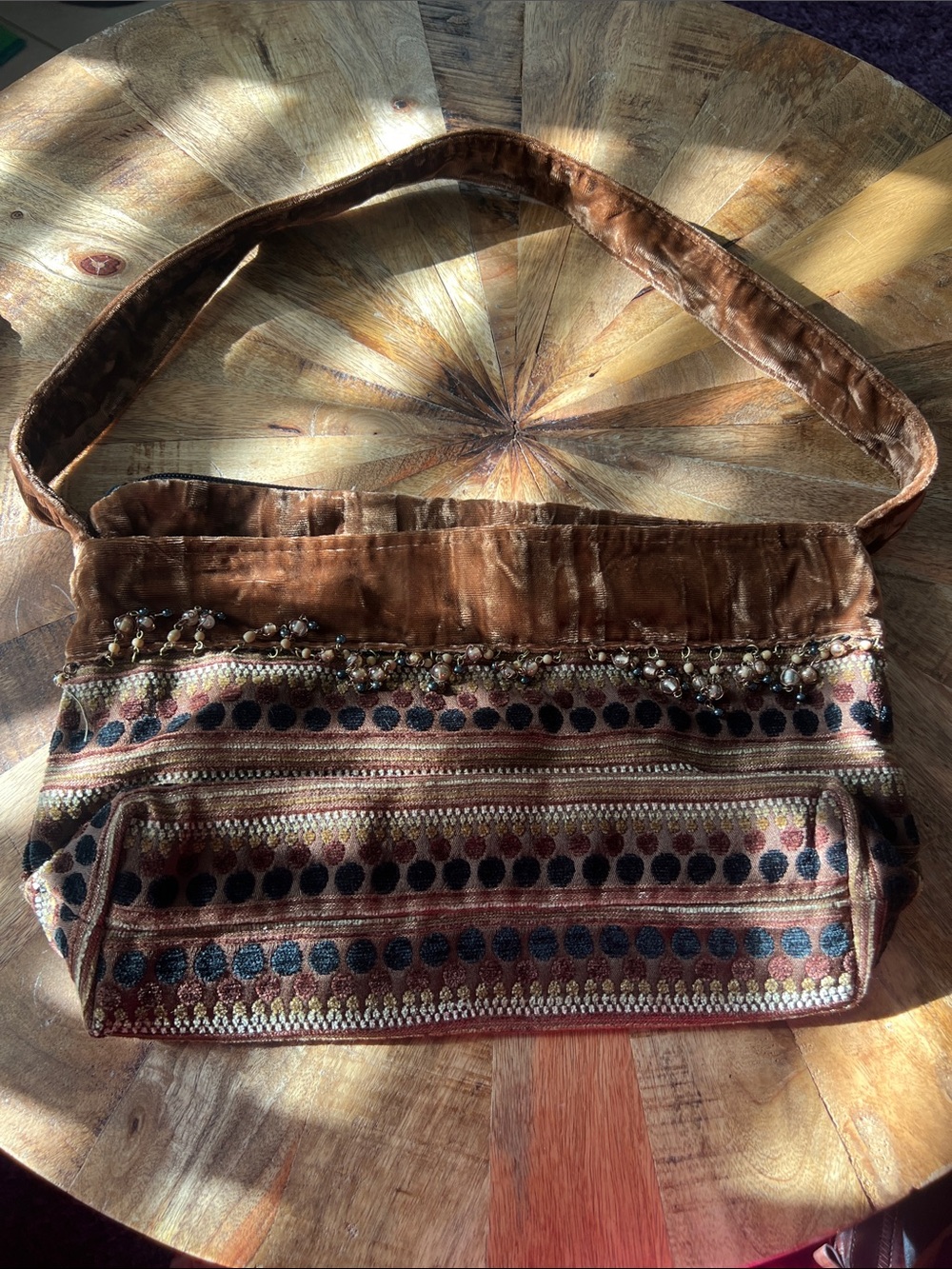 Brown Velvet Beaded Shoulder Bag